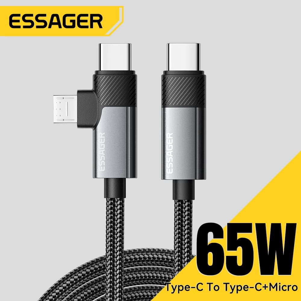 2-i-1 65W PD snabbladdningskabel Type-C/USB-A till Micro