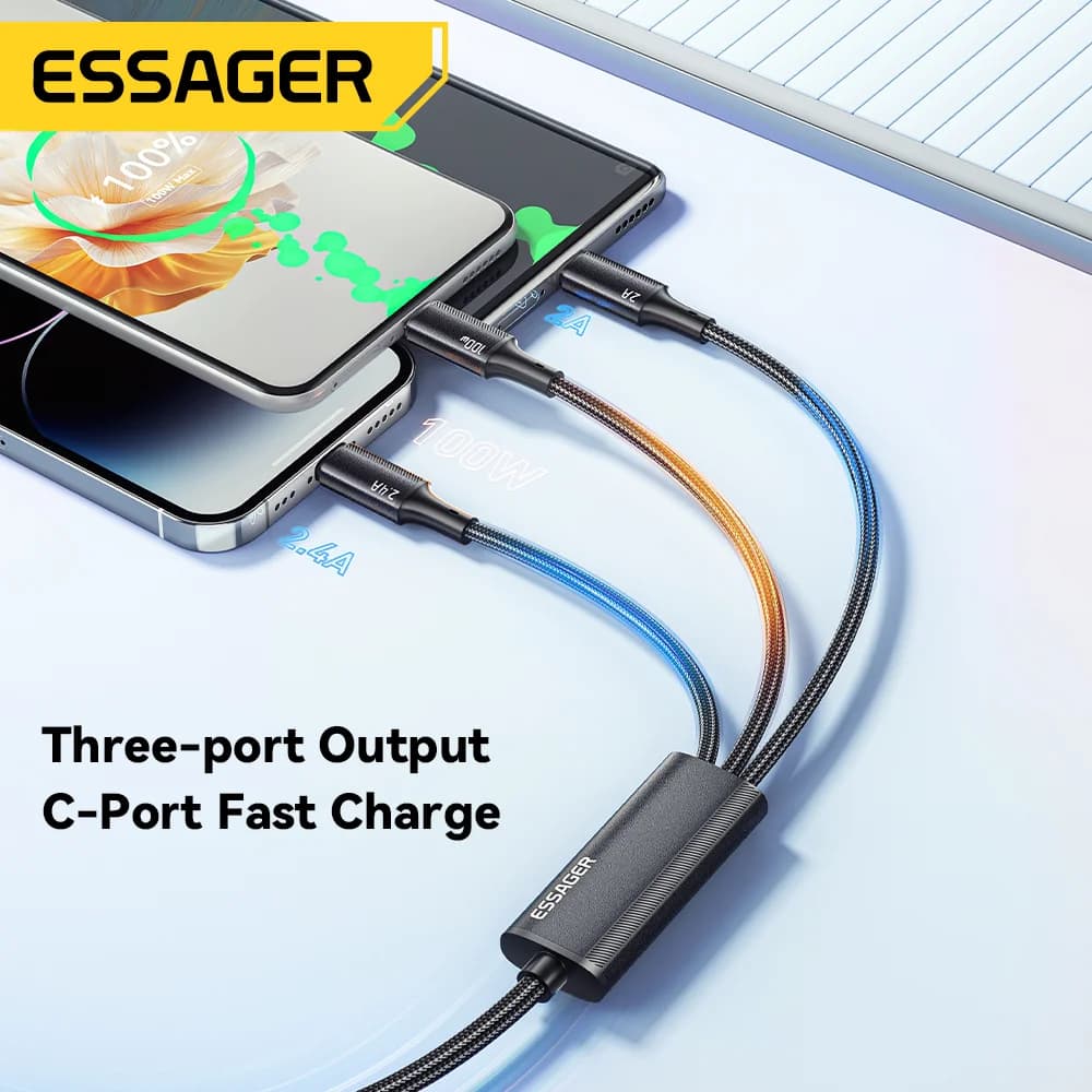 100W 3-i-1 USB-C till Lightning laddningskabel
