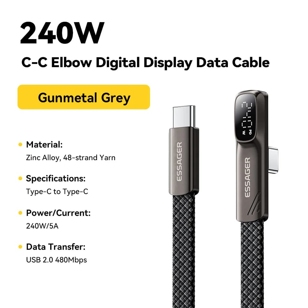 L-formad 240W USB-C-kabel för snabbladdning