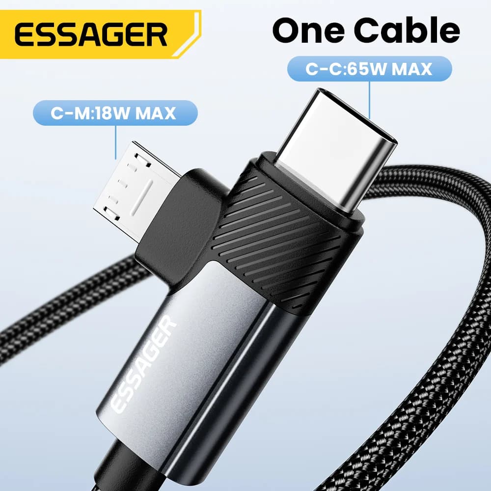 2-i-1 65W PD snabbladdningskabel Type-C/USB-A till Micro