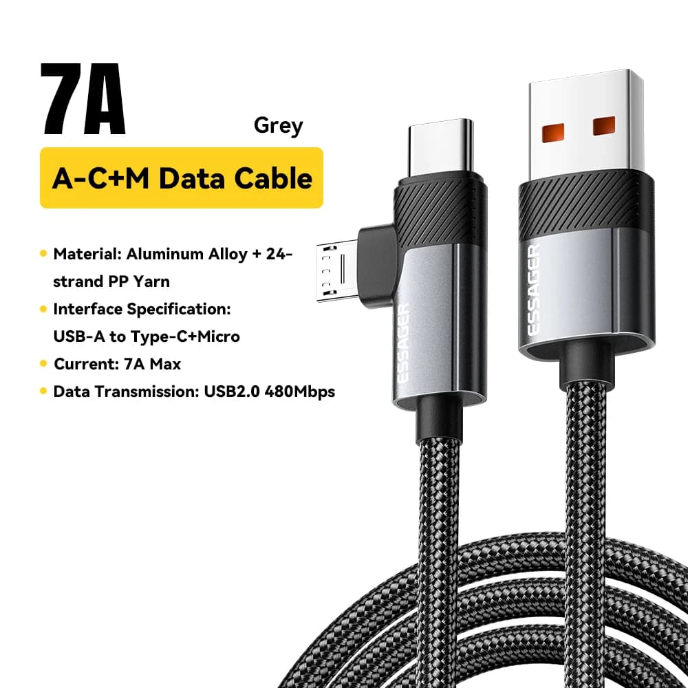 2-i-1 65W PD snabbladdningskabel Type-C/USB-A till Micro