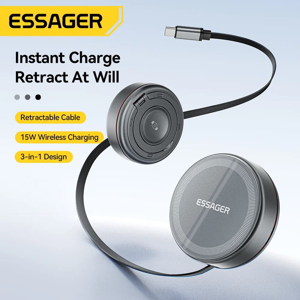 3-i-1 magnetisk trådlös laddare med indragbar kabel