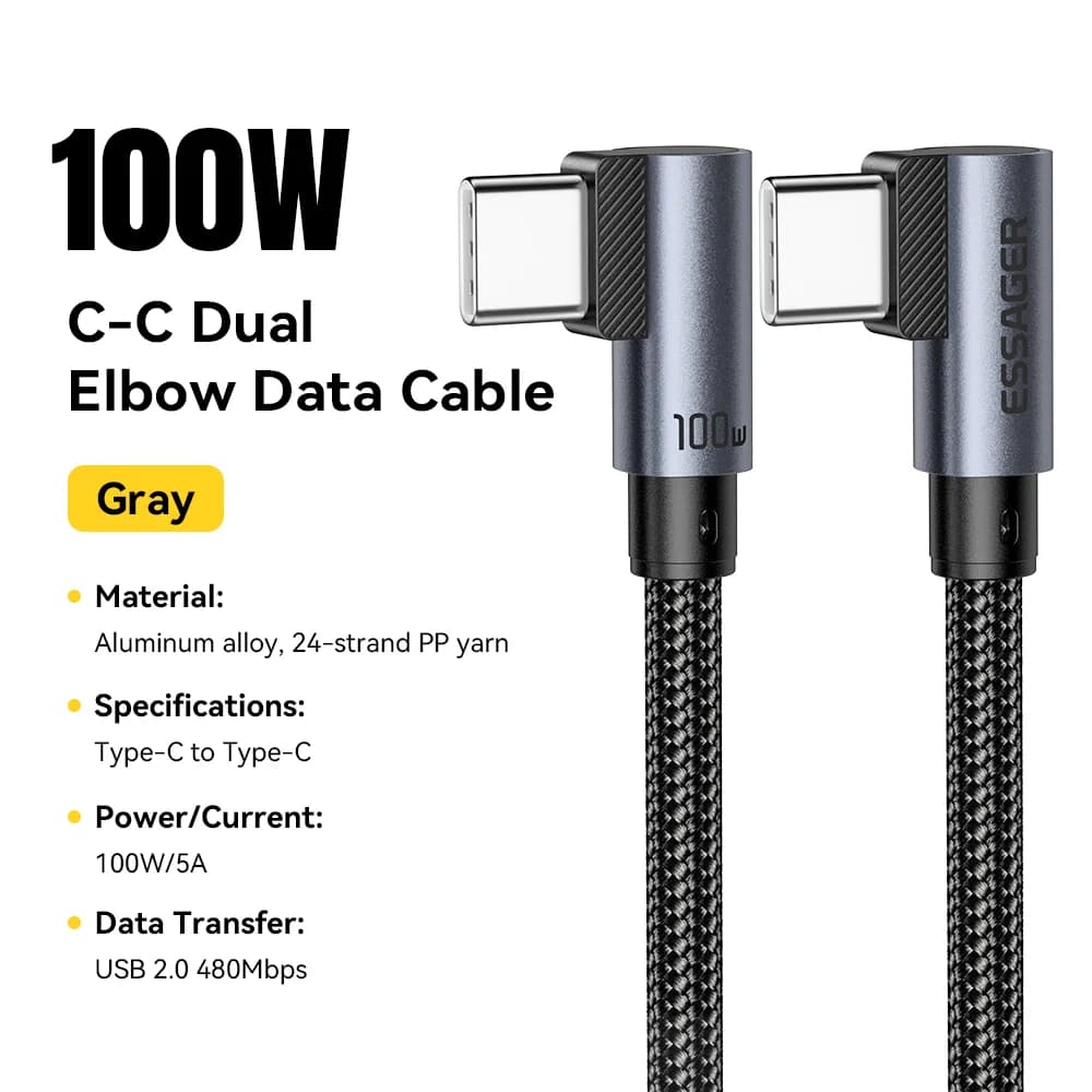 Vinklad 100W USB-C till USB-C Snabbladdningskabel